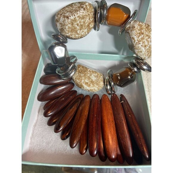Breast Plate Necklace Graduated Wooden Beads & Stone Silver Tone Bracelet Chunky - Picture 2 of 9